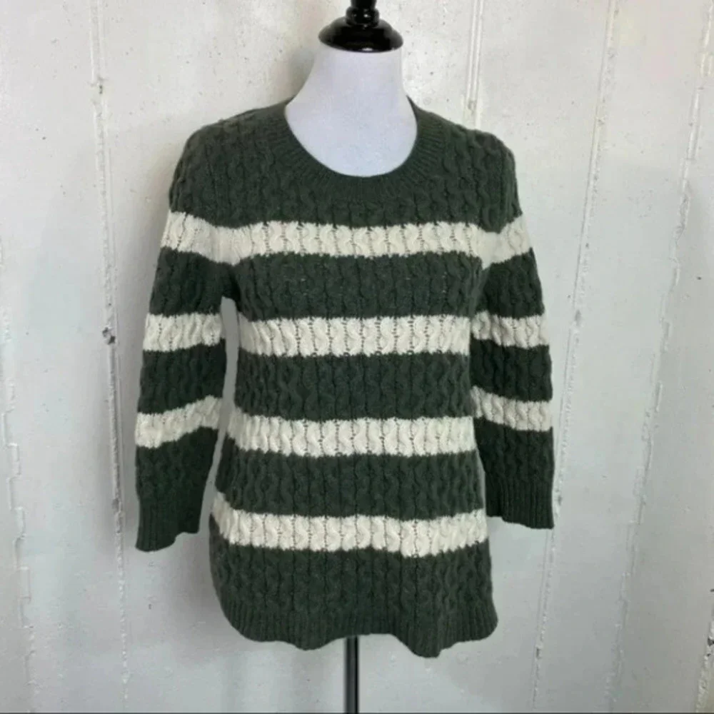 J. Crew M merino wool green/white striped‎ sweater
